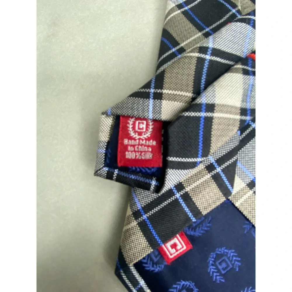 Chaps Mens Tie Black Tan Blue Plaid‎ Silk Classic Preppy